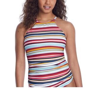 Anne Cole Boardwalk Stripe High-Neck Multi Blue & Pink Swim Tankini Top XS NWT